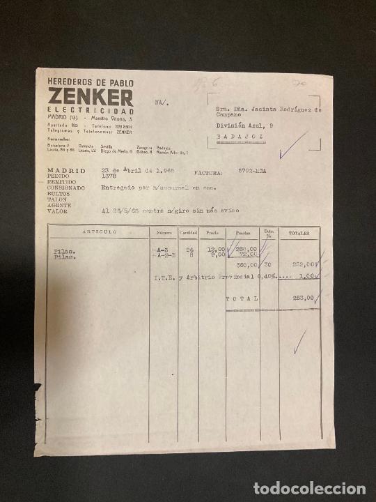 Alte Rechnungen: FACTURA. HEREDEROS DE PABLO ZENKER. ELECTRICIDAD. MADRID 1965. ZENKER