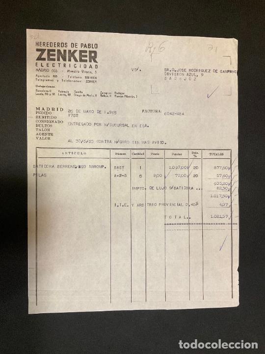 Alte Rechnungen: FACTURA. HEREDEROS DE PABLO ZENKER. ELECTRICIDAD. MADRID 1965. ZENKER