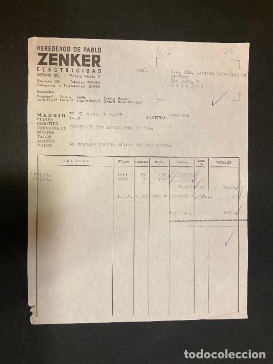 Alte Rechnungen: FACTURA. HEREDEROS DE PABLO ZENKER. ELECTRICIDAD. MADRID 1965. ZENKER