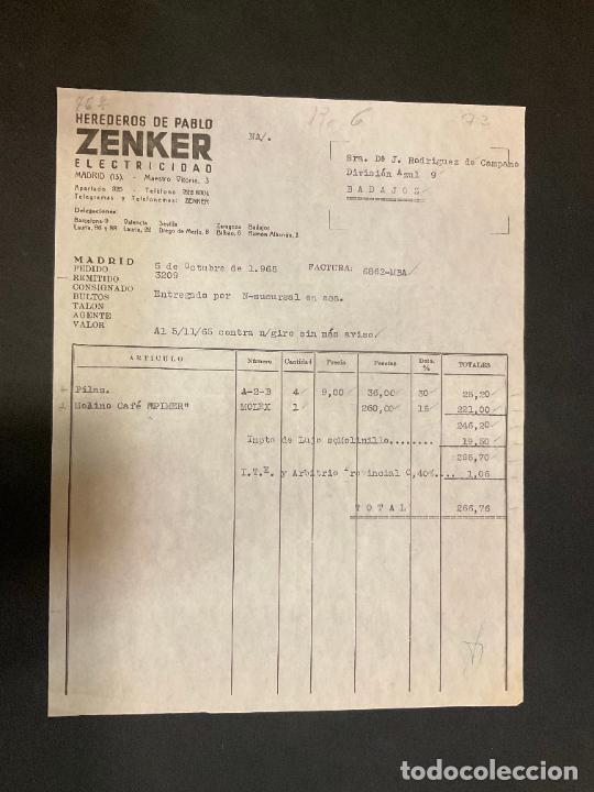 Alte Rechnungen: FACTURA. HEREDEROS DE PABLO ZENKER. ELECTRICIDAD. MADRID 1965. ZENKER