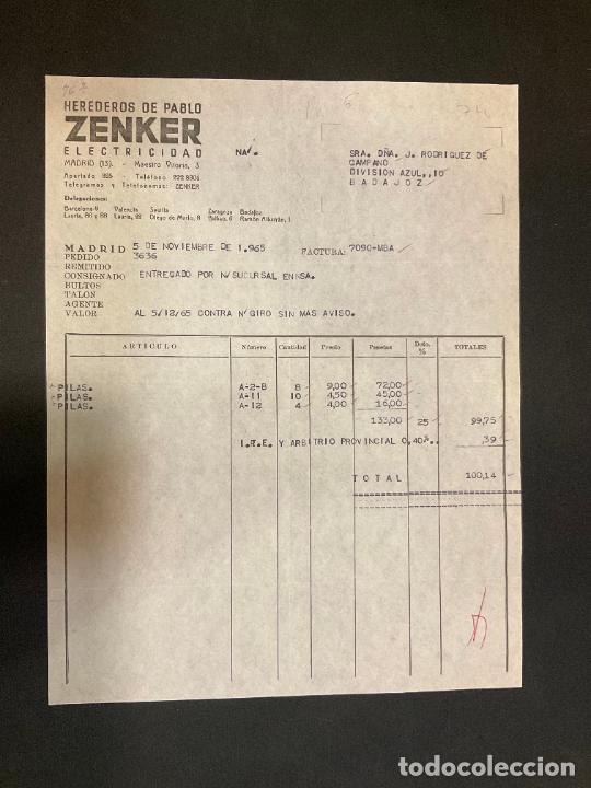 Alte Rechnungen: FACTURA. HEREDEROS DE PABLO ZENKER. ELECTRICIDAD. MADRID 1965. ZENKER