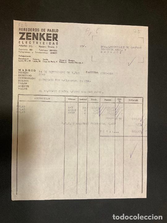Alte Rechnungen: FACTURA. HEREDEROS DE PABLO ZENKER. ELECTRICIDAD. MADRID 1965. ZENKER