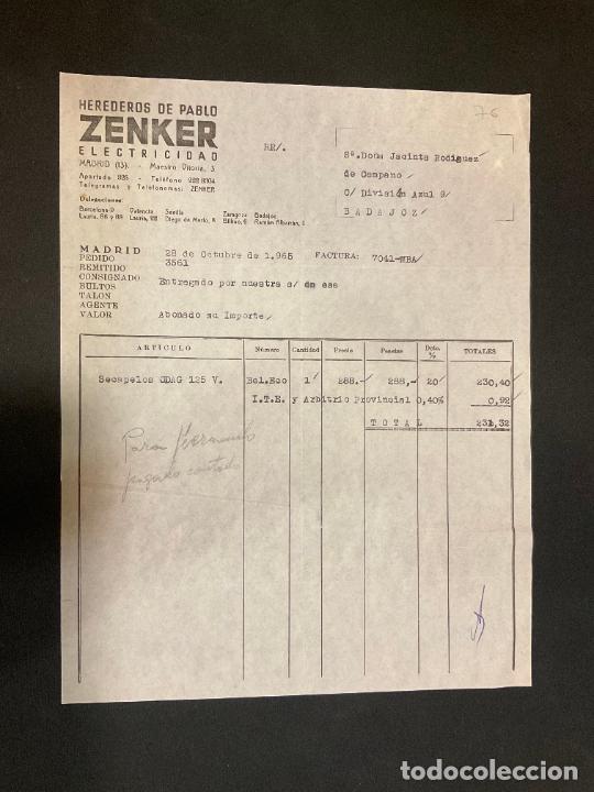 Facturas antiguas: FACTURA. HEREDEROS DE PABLO ZENKER. ELECTRICIDAD. MADRID 1965. ZENKER