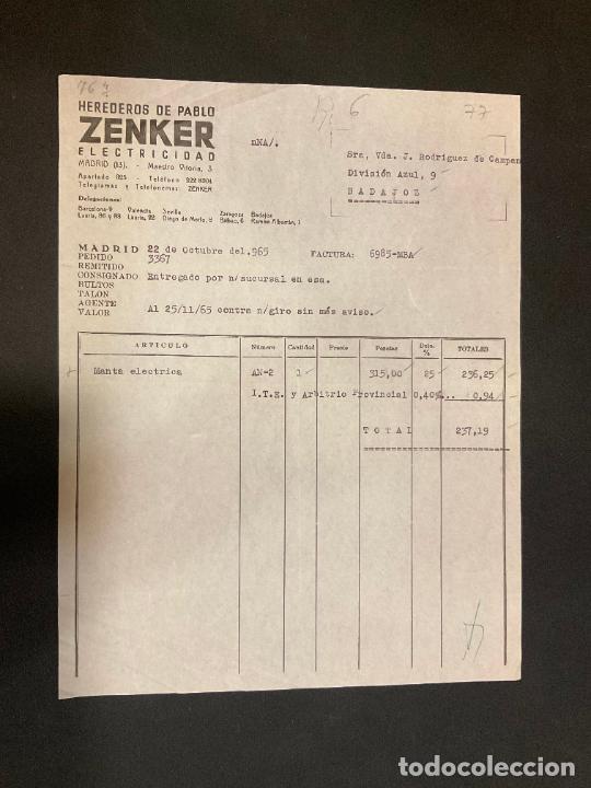 Facturas antiguas: FACTURA. HEREDEROS DE PABLO ZENKER. ELECTRICIDAD. MADRID 1965. ZENKER