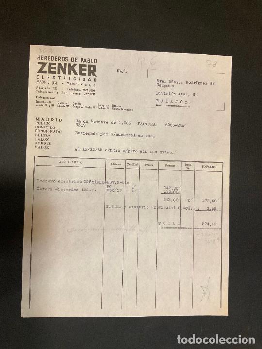 Facturas antiguas: FACTURA. HEREDEROS DE PABLO ZENKER. ELECTRICIDAD. MADRID 1965. ZENKER