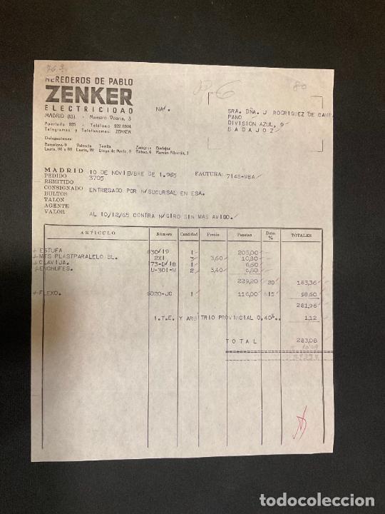 Facturas antiguas: FACTURA. HEREDEROS DE PABLO ZENKER. ELECTRICIDAD. MADRID 1965. ZENKER