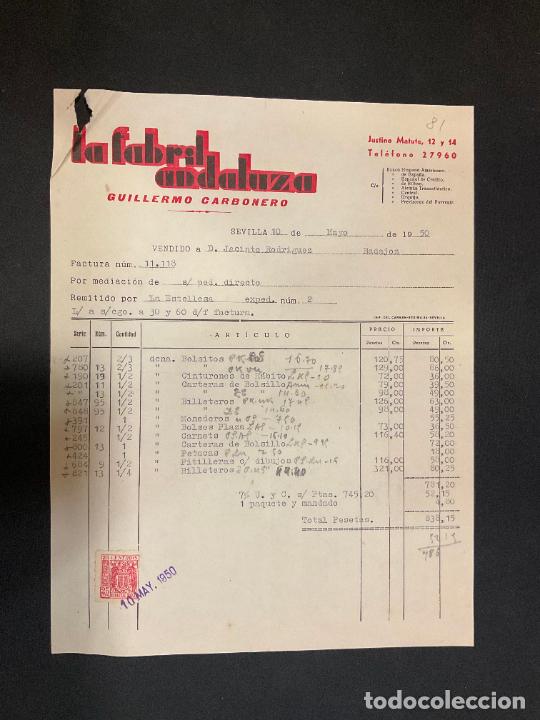Facturas antiguas: FACTURA. LA FABRIL ANDALUZA. GUILLERMO CARBONERO. SEVILLA 1950. PLASTICOS
