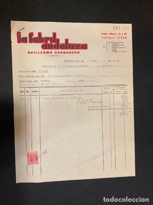 Facturas antiguas: FACTURA. LA FABRIL ANDALUZA. GUILLERMO CARBONERO. SEVILLA 1950. PLASTICOS