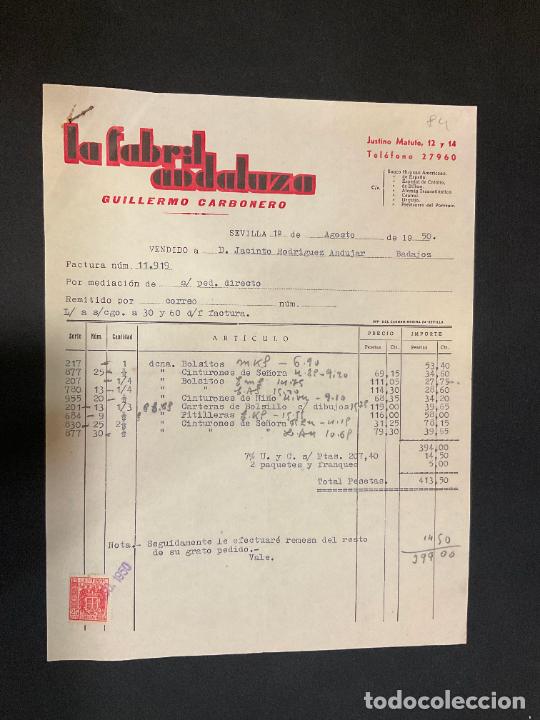 Facturas antiguas: FACTURA. LA FABRIL ANDALUZA. GUILLERMO CARBONERO. SEVILLA 1950. PLASTICOS