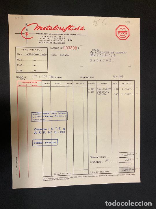 Facturas antiguas: FACTURA. METALCRAFT. OPTICAL. ARMAZONES METALICOS PARA GAFAS. HOSPITALET. BARCELONA. 1967