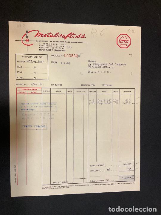 Facturas antiguas: FACTURA. METALCRAFT. OPTICAL. ARMAZONES METALICOS PARA GAFAS. HOSPITALET. BARCELONA. 1967