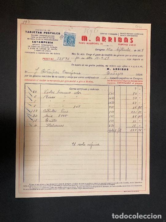 Facturas antiguas: FACTURA. M. ARRIBAS. ZARAGOZA 1957. TARJETAS POSTALES. ESTAMPERIA.