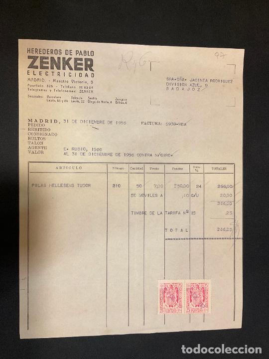 Facturas antiguas: FACTURA. HEREDEROS DE PABLO ZENKER. ELECTRICIDAD. MADRID 1956. ZENKER