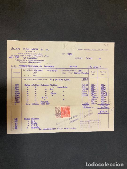 Facturas antiguas: FACTURA. JUAN VOLLMER. MADRID. LA PALMERA. 1957. FERRETERIA CUCHILLERIA HOJAS NAVAJAS.