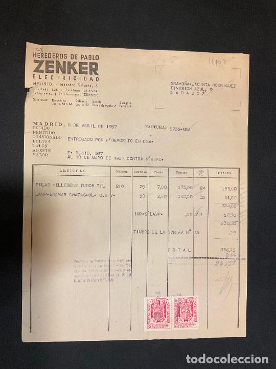 Facturas antiguas: FACTURA. HEREDEROS DE PABLO ZENKER. ELECTRICIDAD. MADRID 1957. ZENKER