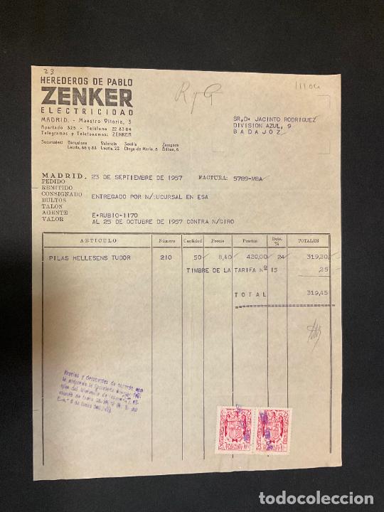 Facturas antiguas: FACTURA. HEREDEROS DE PABLO ZENKER. ELECTRICIDAD. MADRID 1957. ZENKER