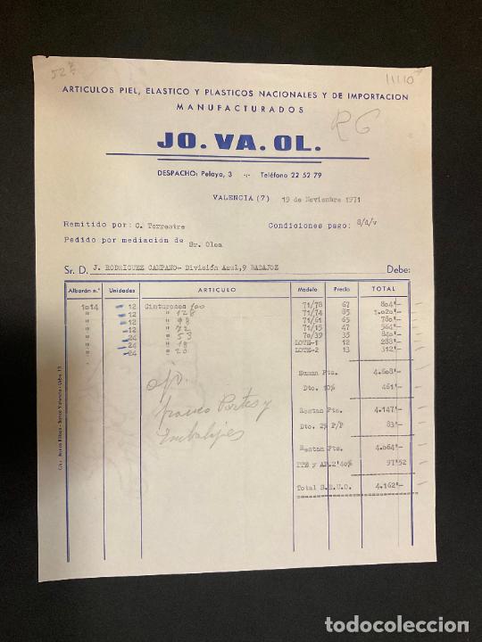 Facturas antiguas: FACTURA. JO. VA. OL. PIEL. ELASTICO. PLASTICOS. VALENCIA 1971.