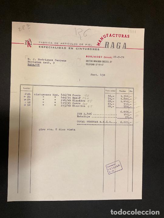 Facturas antiguas: FACTURA. RAGA. ARTICULOS DE PIEL. ESPECIALIDAD EN CINTURONES. BURJASOT. VALENCIA 1971
