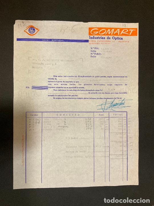 Facturas antiguas: FACTURA. GOMART. INDUSTRIAS DE OPTICA. GAFAS. MONTURAS. 1969. MADRID