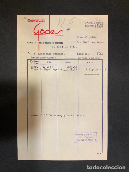 Facturas antiguas: FACTURA. COMERCIAL GADES. ALMACEN DE PAPEL Y OBJETOS DE ESCRITORIO. SEVILLA. 1967