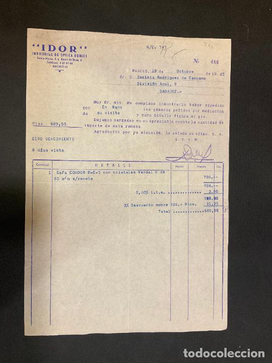 Facturas antiguas: FACTURA. IDOR. INDUSTRIAL DE OPTICA ROBLES. MADRID 1967