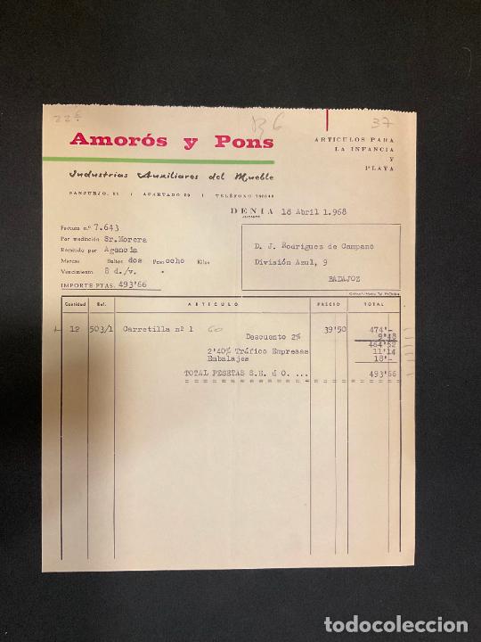 Factures anciennes: FACTURA. AMOROS Y PONS. INDUSTIAS AUXILIARES DEL MUEBLE. DENIA. ALICANTE. 1968