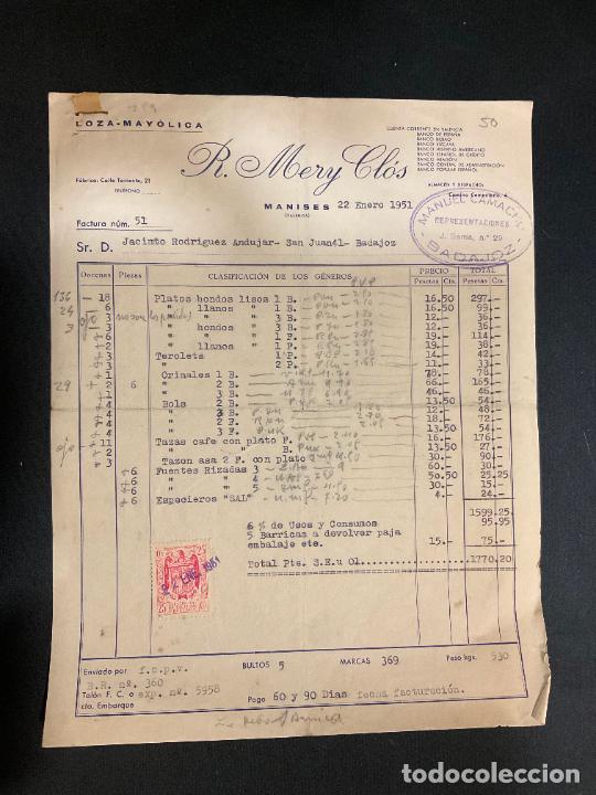 Factures anciennes: FACTURA. R. MERY CLOS. MANISES. VALENCIA. 1951. LOZA - MAYOLICA.