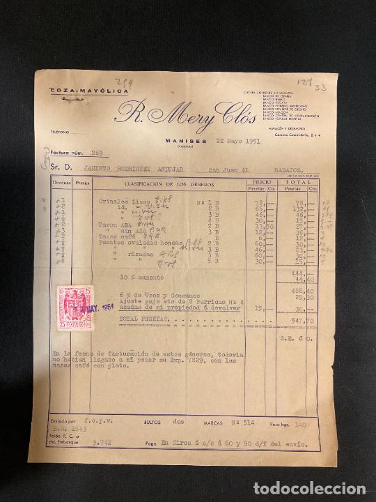 Factures anciennes: FACTURA. R. MERY CLOS. MANISES. VALENCIA. 1951. LOZA - MAYOLICA.