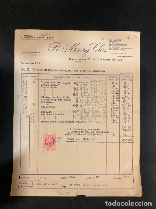 Factures anciennes: FACTURA. R. MERY CLOS. MANISES. VALENCIA. 1950. LOZA - MAYOLICA.