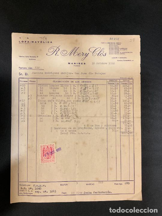 Factures anciennes: FACTURA. R. MERY CLOS. MANISES. VALENCIA. 1950. LOZA - MAYOLICA.