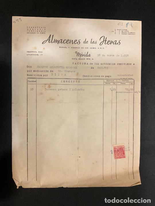Facturas antiguas: FACTURA. ALMACENES DE LAS HERAS. MERIDA. 1950. MANUEL Y FEDERICO HERAS. ARTICULOS DE PUNTO