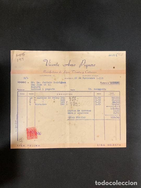 Facturas antiguas: FACTURA. VICENTE AMO PIQUERO. MANUFACTURAS DE LIGAS, TIRANTES, CINTURONES. MADRID 1950