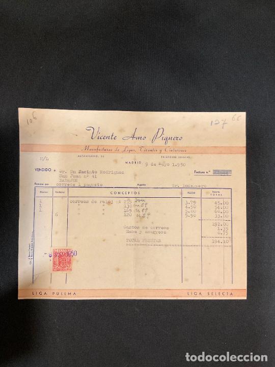 Facturas antiguas: FACTURA. VICENTE AMO PIQUERO. MANUFACTURAS DE LIGAS, TIRANTES, CINTURONES. MADRID 1950
