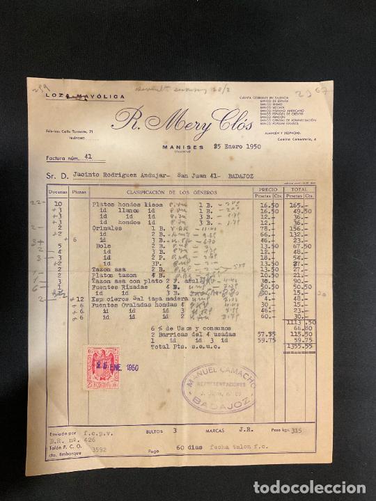 Facturas antiguas: FACTURA. R. MERY CLOS. MANISES. VALENCIA. 1950. LOZA - MAYOLICA.
