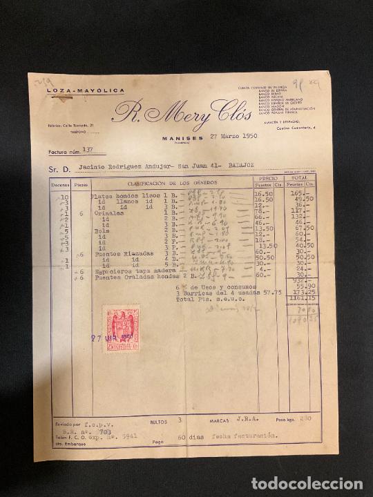 Facturas antiguas: FACTURA. R. MERY CLOS. MANISES. VALENCIA. 1950. LOZA - MAYOLICA.