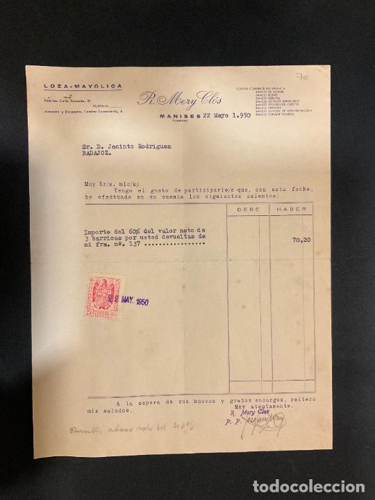Facturas antiguas: FACTURA. R. MERY CLOS. MANISES. VALENCIA. 1950. LOZA - MAYOLICA.