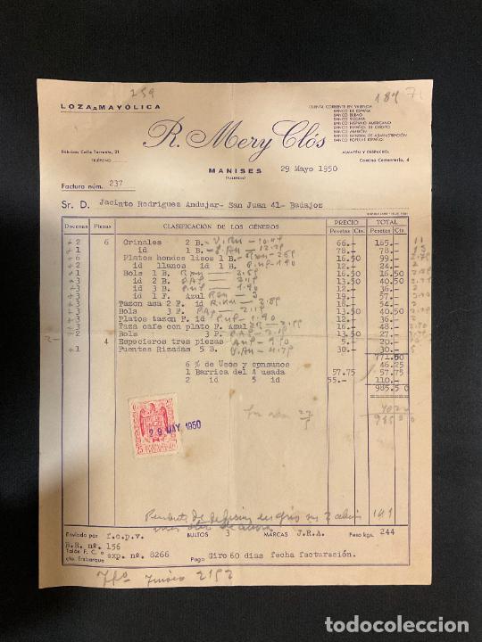 Facturas antiguas: FACTURA. R. MERY CLOS. MANISES. VALENCIA. 1950. LOZA - MAYOLICA.