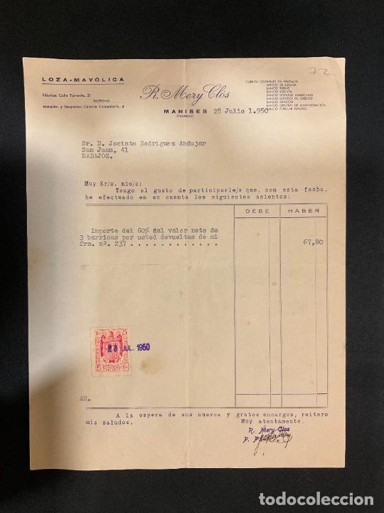 Old Invoices: FACTURA. R. MERY CLOS. MANISES. VALENCIA. 1950. LOZA - MAYOLICA.