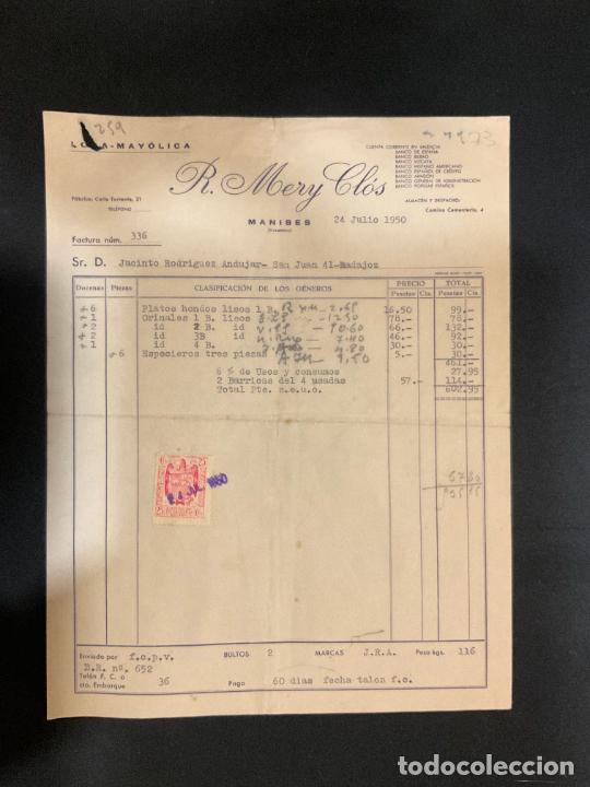 Old Invoices: FACTURA. R. MERY CLOS. MANISES. VALENCIA. 1950. LOZA - MAYOLICA.