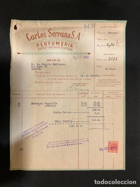 Old Invoices: FACTURA. CARLOS SERRANO. PERFUMERIA. DROGAS ARTICULOS DE LIMPIEZA. MADRID 1950