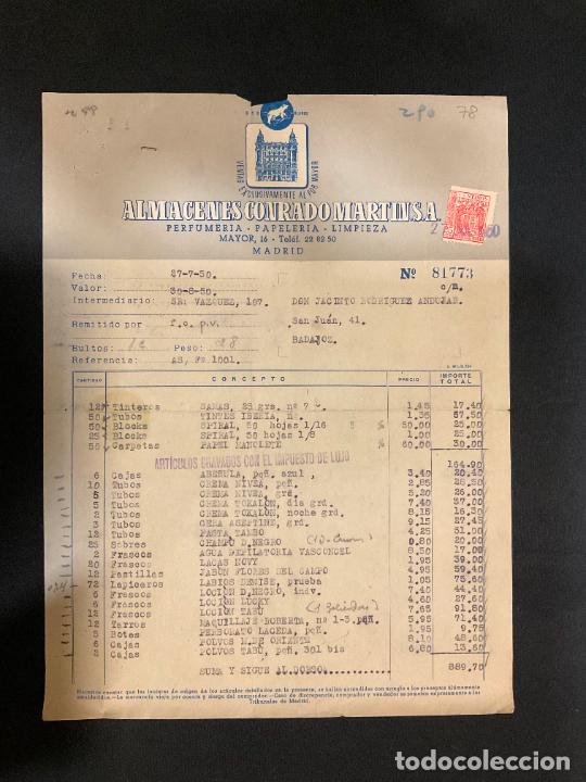 Old Invoices: FACTURA. ALMACENES CONRADO MARTIN. MADRID 1950. PERFUMERIA PAPELERIA LIMPIEZA