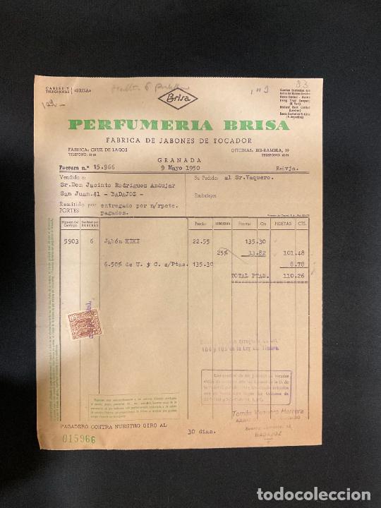 Old Invoices: FACTURA. BRISA. PERFUMERIA BRISA. FABRICA DE JABONES DE TOCADOR. GRANADA 1950