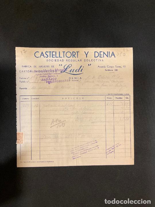 Old Invoices: FACTURA. CASTELLTORT Y DENIA. SOCIEDAD REGULAR COLECTIVA. LUDI. DENIA. ALICANTE. 1950