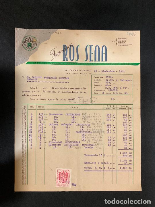 Old Invoices: FACTURA. FRANCISCO ROS SENA. ESTUCHES DE MADERA. NECESERES. BOLSOS. ALDAYA. 1951