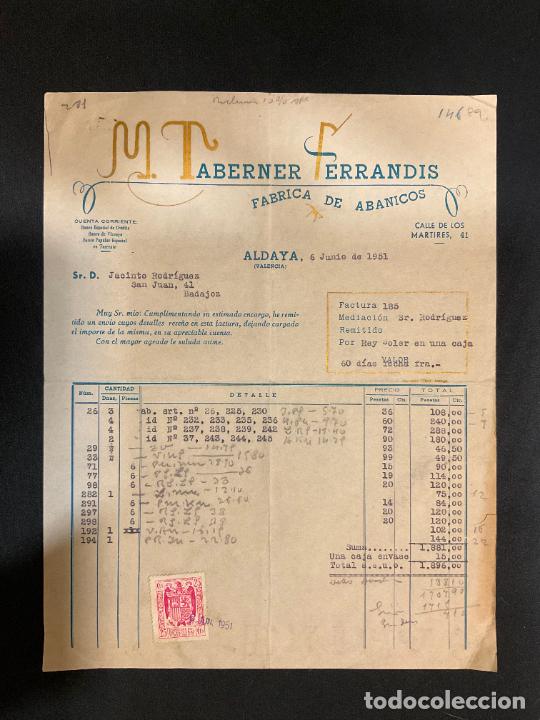 Old Invoices: FACTURA. M. TABERNER FERRANDIS. FABRICA DE ABANICOS. ALDAYA. VALENCIA. 1951