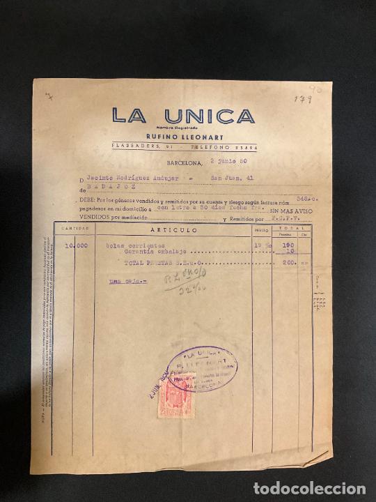 Old Invoices: FACTURA. LA UNICA. RUFINO LLEONART. BARCELONA. 1950. BOLAS CORRIENTES.