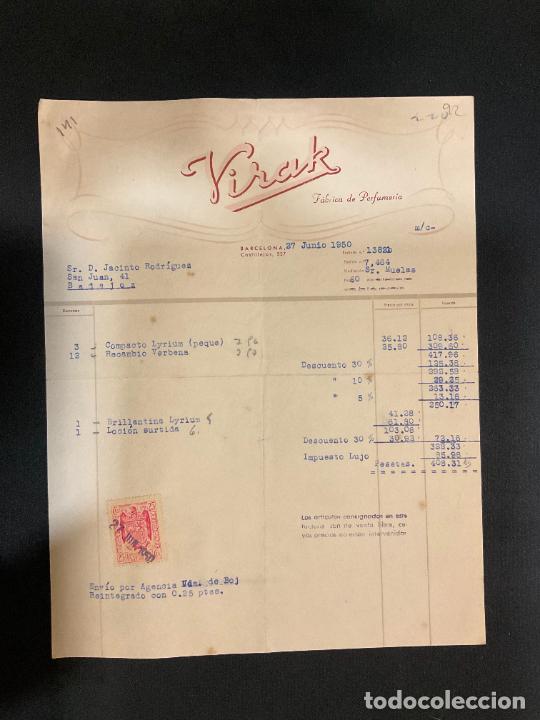 Old Invoices: FACTURA. VIRAK. FABRICA DE PERFUMERIA. BARCELONA 1950.