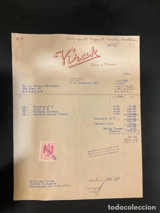 Old Invoices: FACTURA. VIRAK. FABRICA DE PERFUMERIA. BARCELONA 1950.