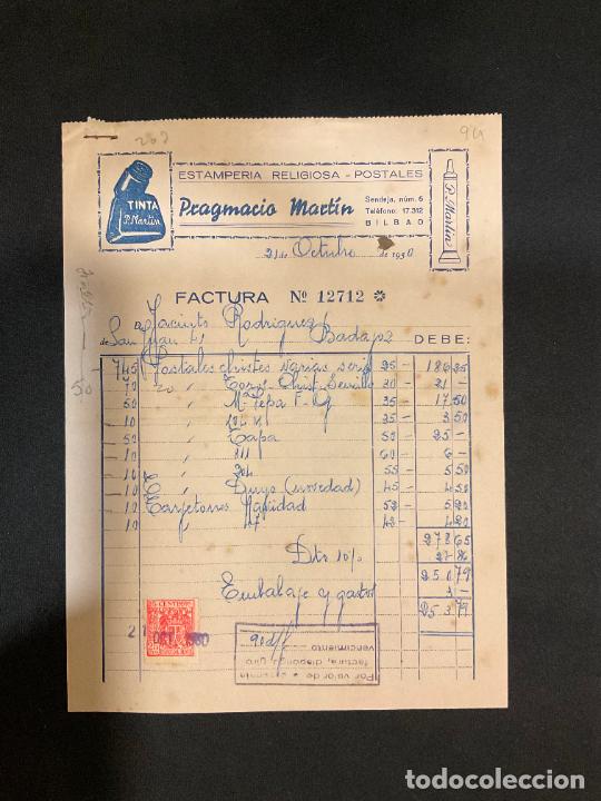 Old Invoices: FACTURA. ESTAMPERIA RELIGIOSA. POSTALES. PRAGMACIO MARTIN. TINTA. BILBAO 1950