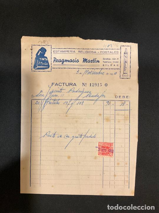 Old Invoices: FACTURA. ESTAMPERIA RELIGIOSA. POSTALES. PRAGMACIO MARTIN. TINTA. BILBAO 1950